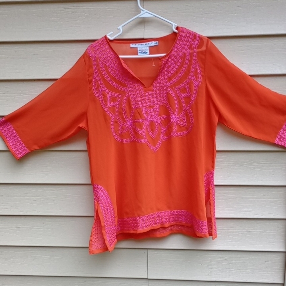 Coldwater Creek Graphic Tunic‎ with 3/4 Sleeves in Orange and Pink